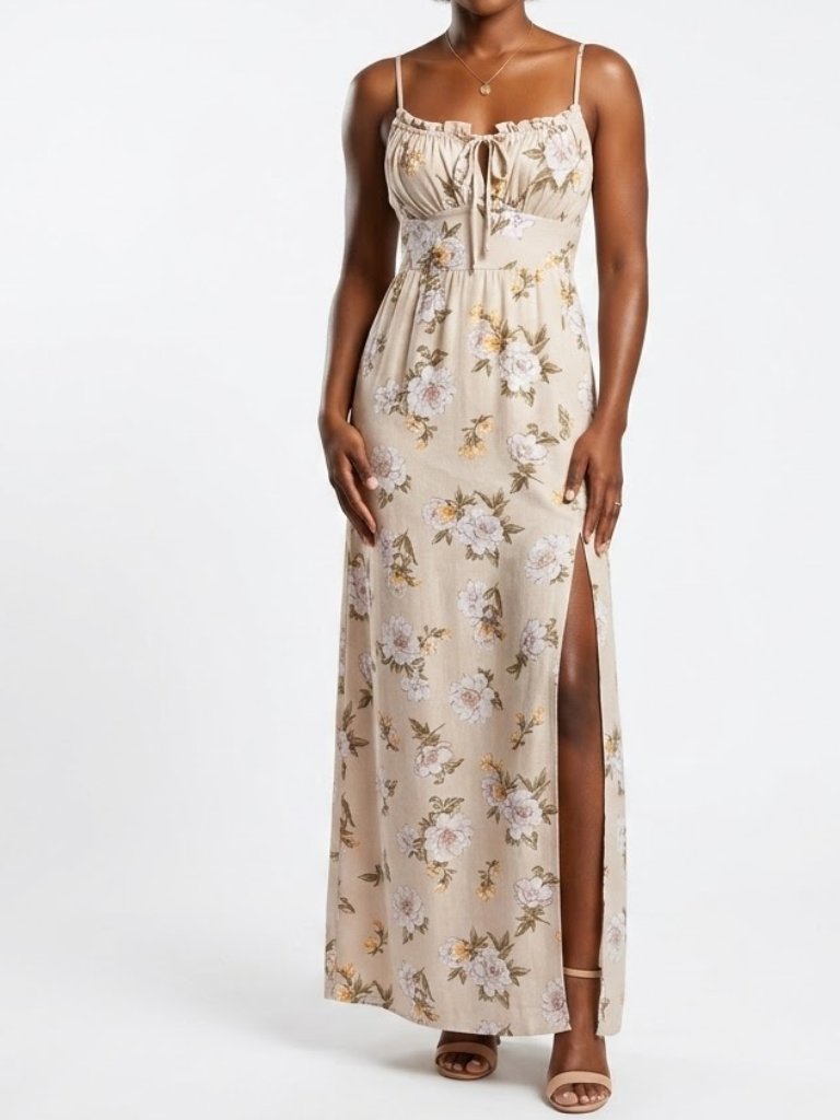 Iris Cottagecore Floral Backless Maxi Dress Cutout Ruched Bust Slit S